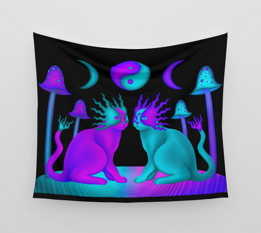 Yin Yang Mushroom Cats Tapestry