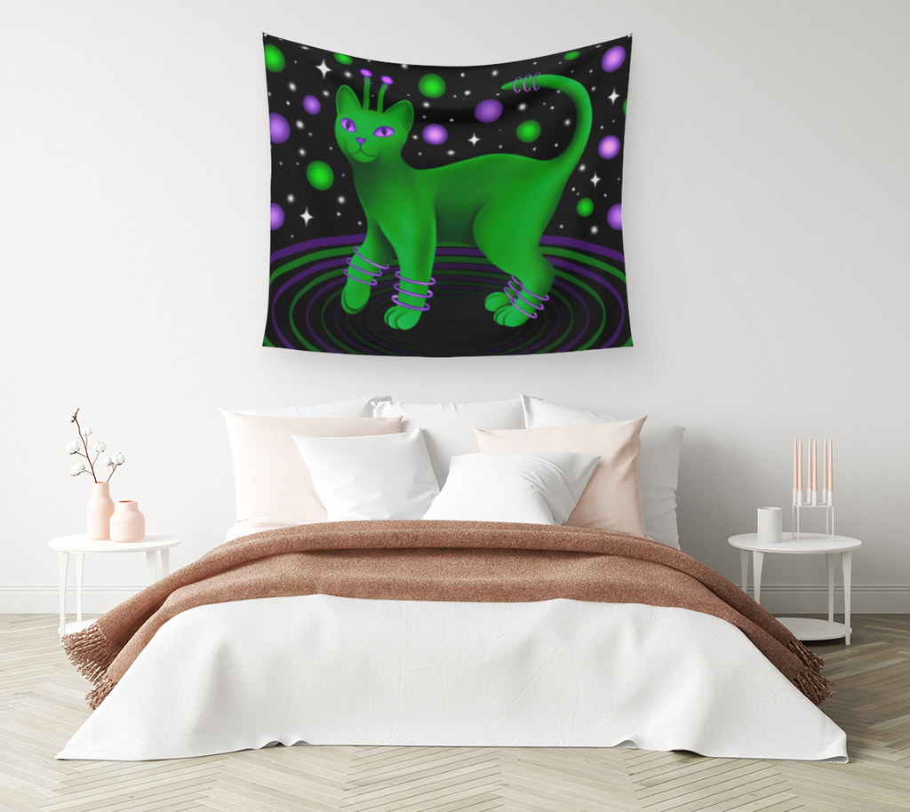 Green Alien Cat Tapestry