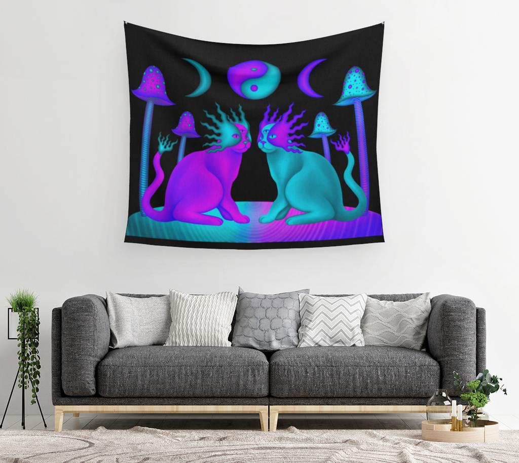 Yin Yang Mushroom Cats Tapestry