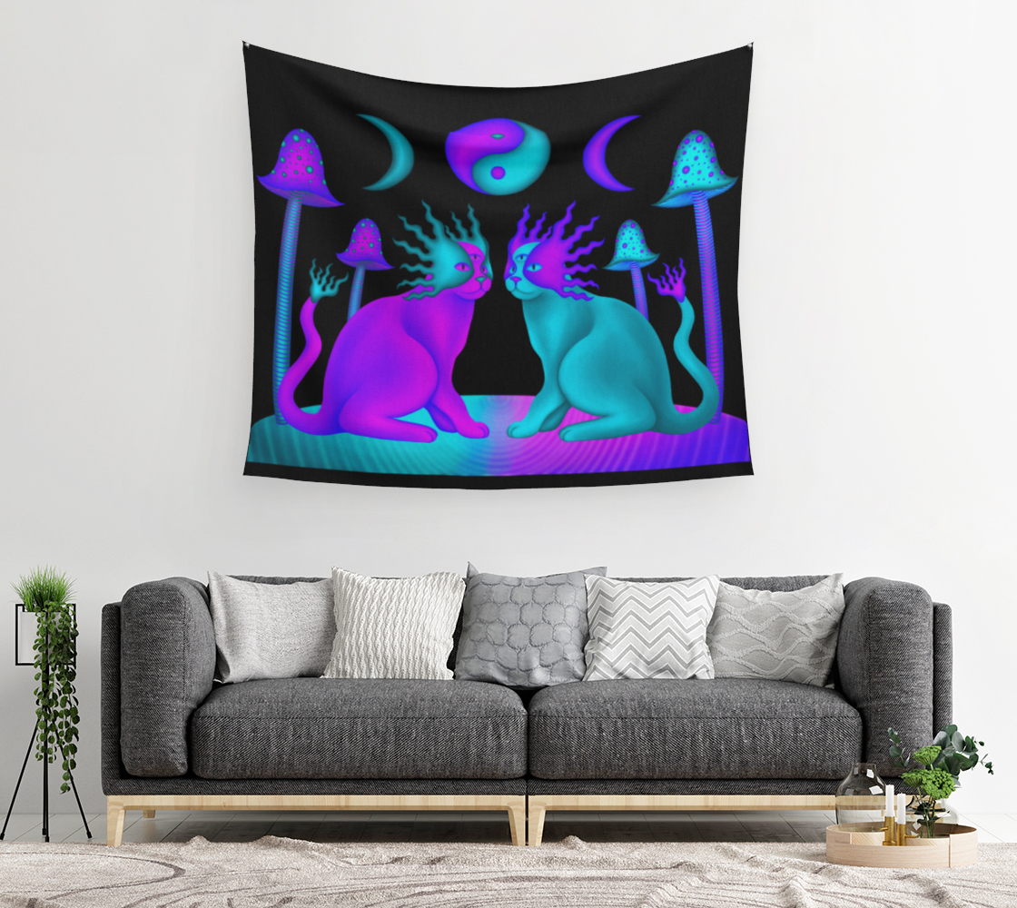 Yin Yang Mushroom Cats Tapestry