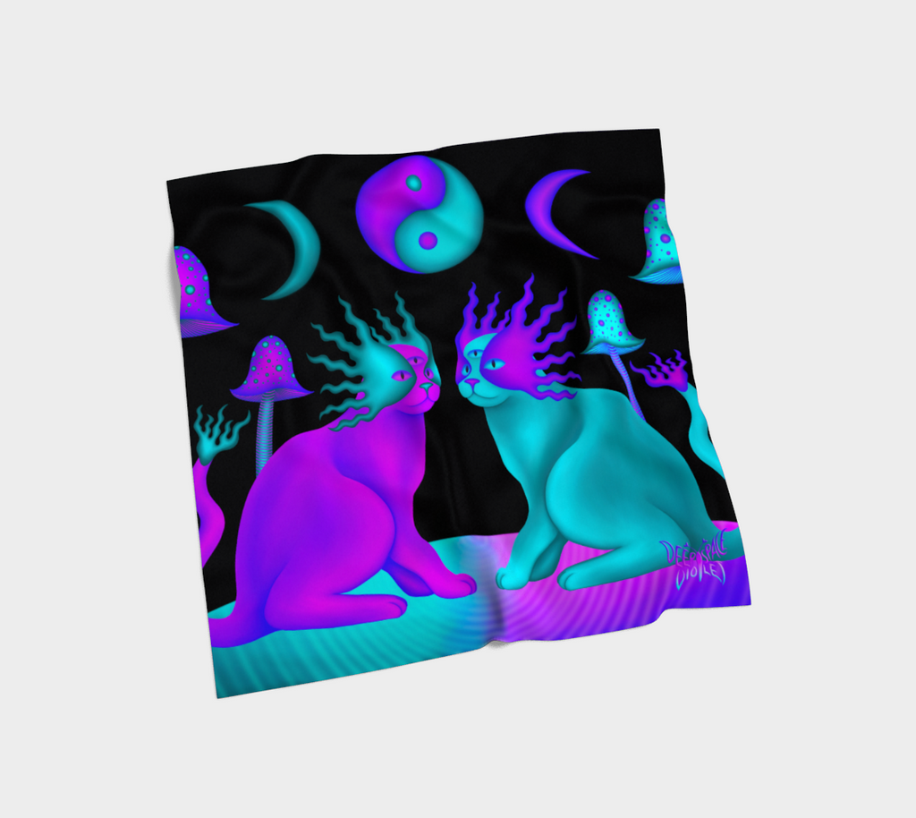 Yin Yang Mushroom Cats Silk Scarf — Wearable Art Bandana