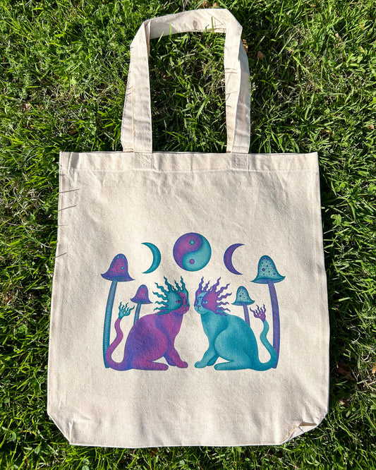 Yin Yang Mushroom Cats Tote Bag