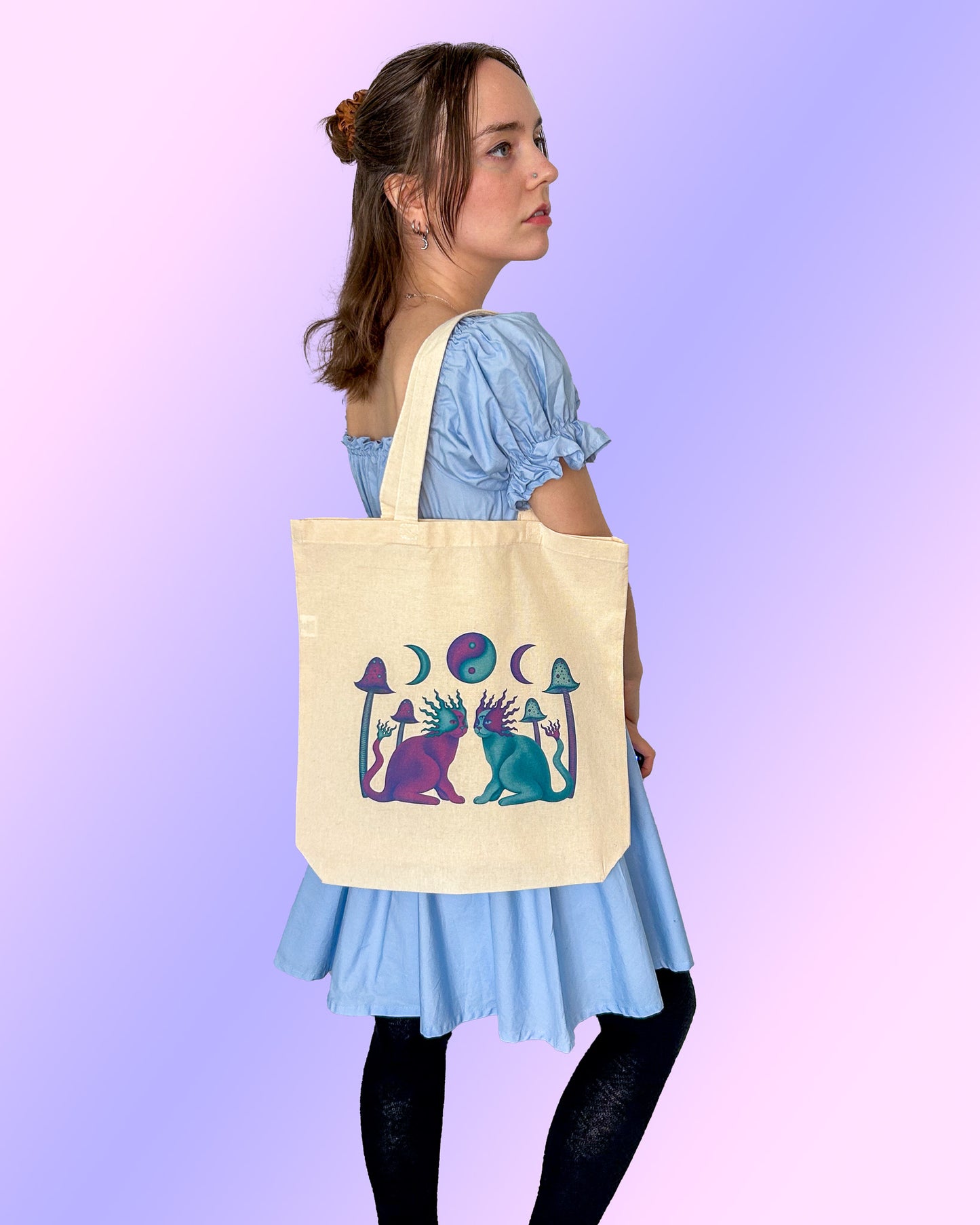 Yin Yang Mushroom Cats Tote Bag