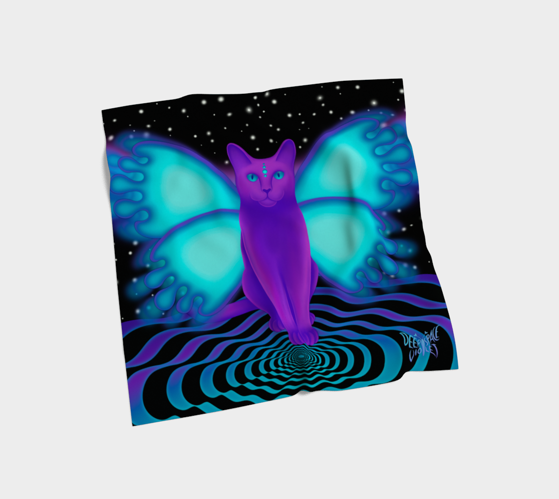 Purple Cosmic Cat Silk Scarf — Wearable Art Bandana