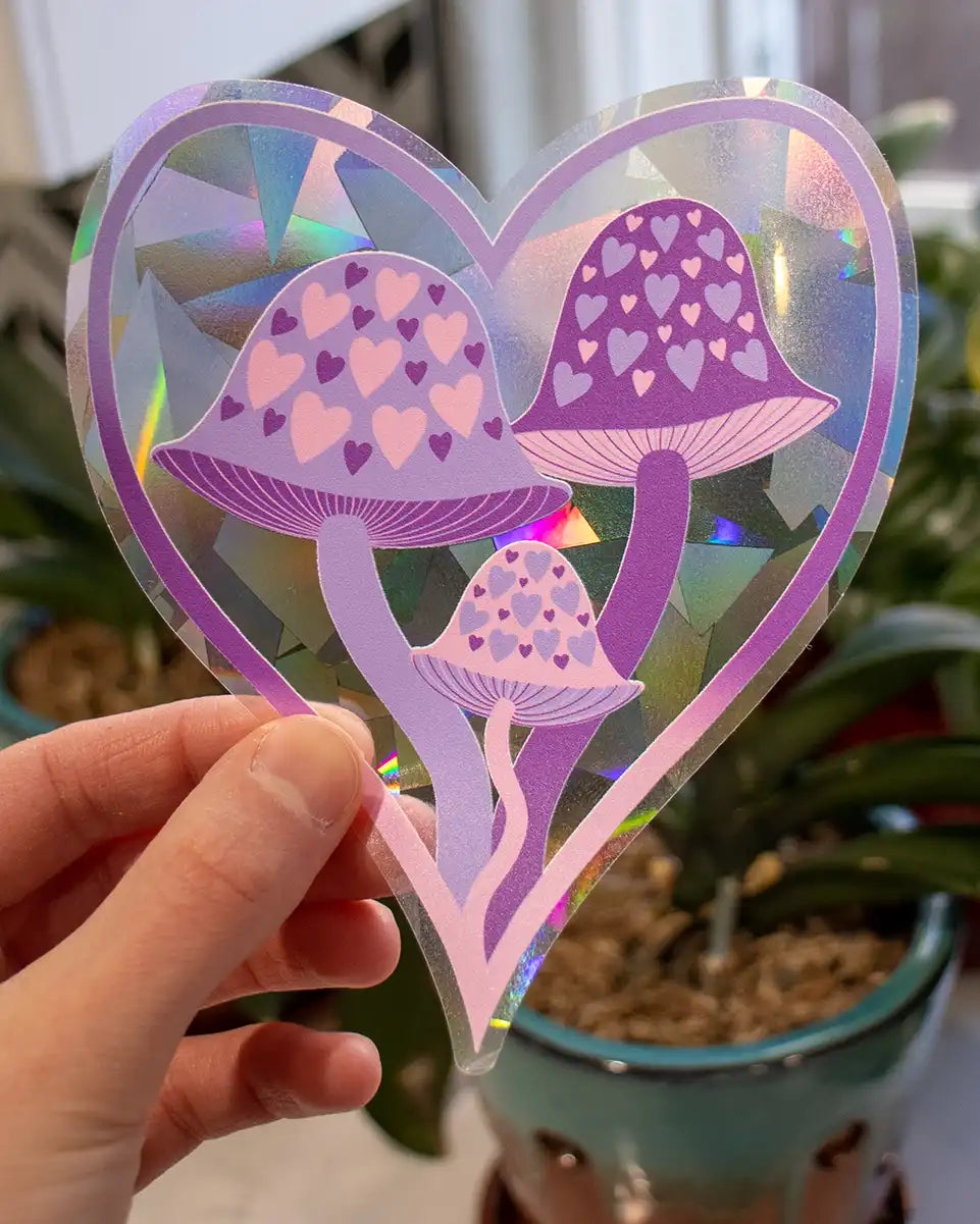 Mushroom Heart - 5" Suncatcher - Rainbow Window Decal Sticker